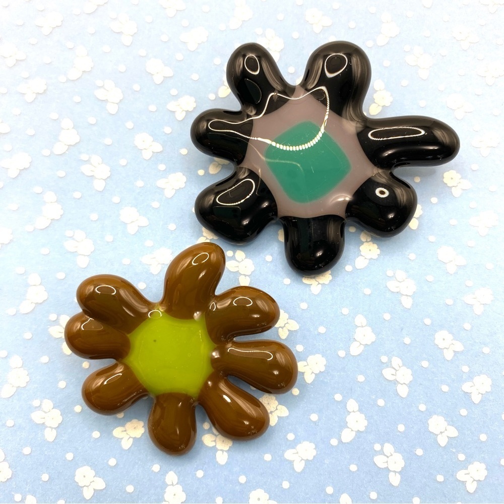 Art Glass Floral Brooches Modern Set of Two Black Brown Artisan Made Flowers